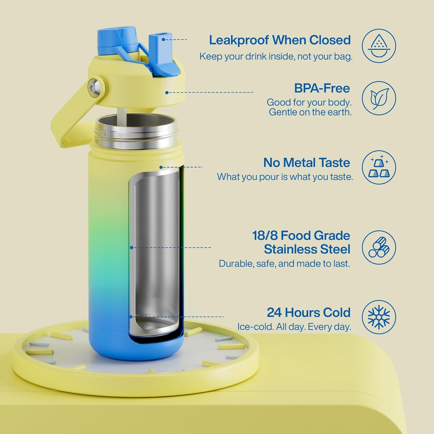 ENCOOL Insulated Water Bottle with Straw Stainless Steel Water Bottle, Leak-Proof, BPA-Free, Double Wall Vacuum Keeps Cold for 24 Hours for Sports, Travel, School (18 oz, Soft Lagoon)