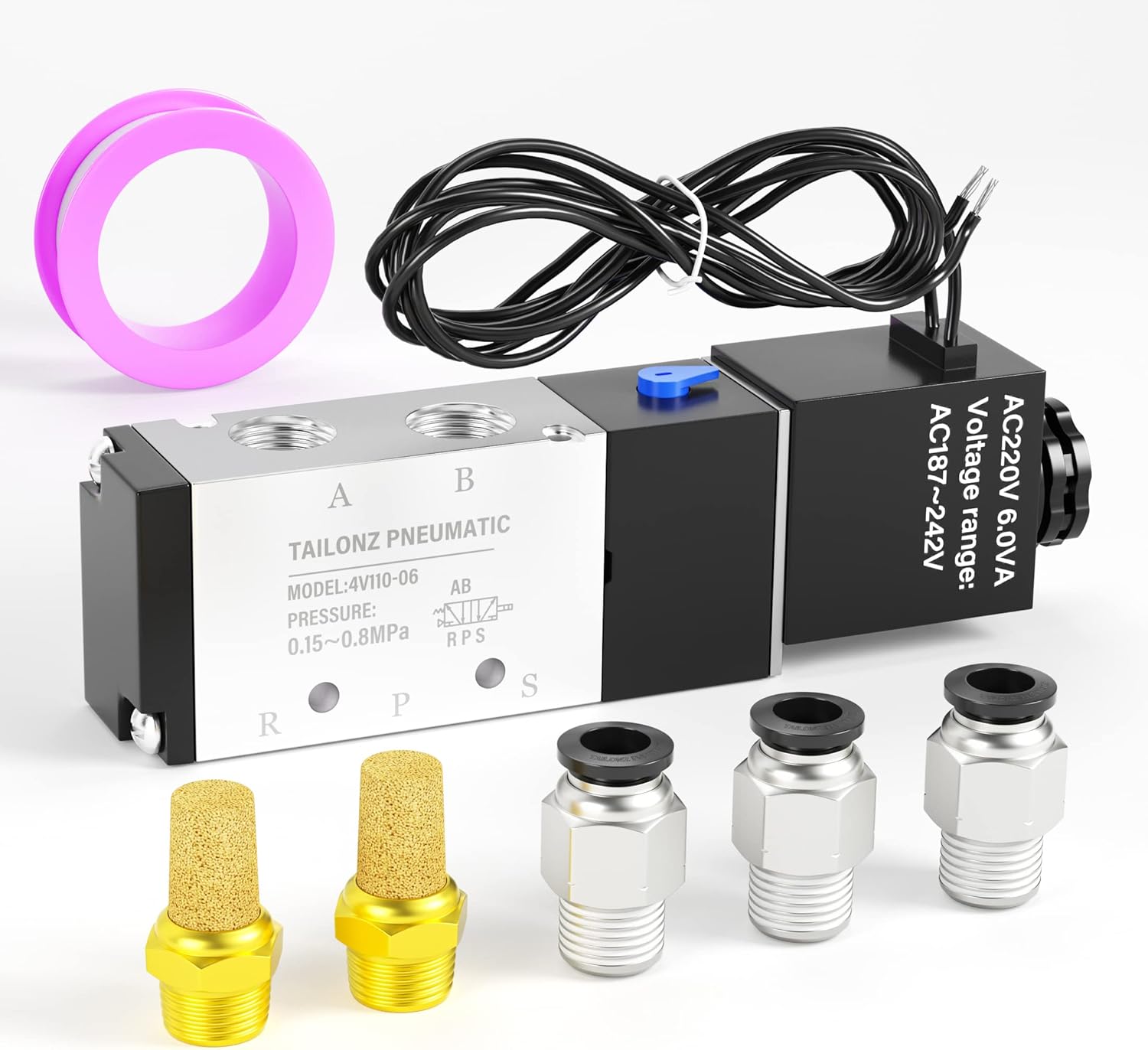 TAILONZ PNEUMATIC 1/8"NPT Solenoid Valve 4V110-06 AC220V Single Coil Pilot-Operated Electric 2 Position 5 Way Connection Type Outlet wire