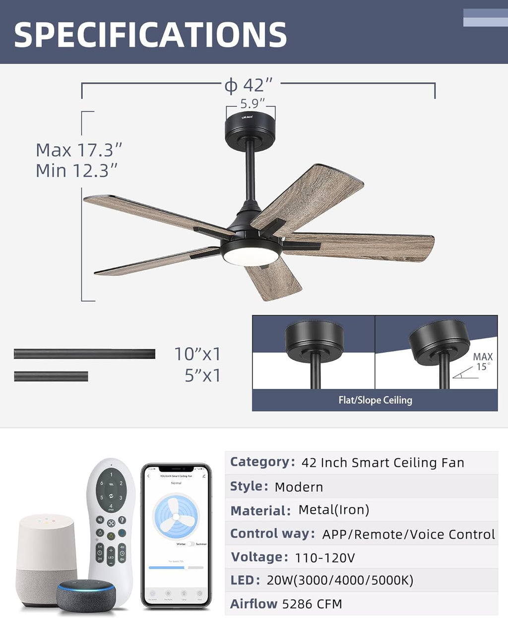 YOUKAIN Ceiling Fans with Lights, 42 Inch Black Ceiling Fans, Smart Ceiling Fan Works with Voice Control & Remote Control, Reversible Blades, Modern Led Ceiling Fan for Bedroom, 42-YJ812-BK