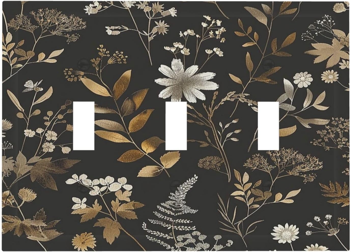 Decorative Switch Plates Black Gold Floral Dark Leaves Vintage Flowers 3 Gang Wall Plate Triple Toggle Light Switch Cover Faceplate Electrical Wall Panels for Bed Room Home Decor