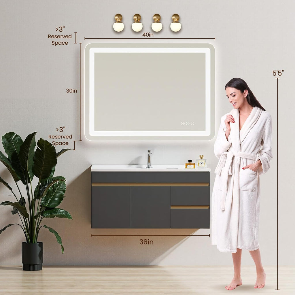 40" x 30" Led Bathroom Mirror with Lights, Anti-Fog & Tri-Color Lighting - Wall Mounted Shaving Mirror with Touch Sensor, Waterproof & Smart LED Vanity Mirror,Tempered Glass, Dimmable Smart Mirror