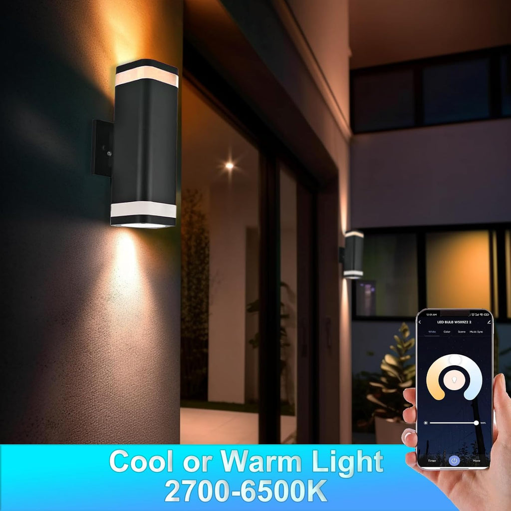 Smart RGB Outdoor Wall Lights, 2 Pack Color Changing Porch Lights, Cylinder Up and Down Lights Outdoor Wall Sconce, Exterior Lighting Fixture Compatible with Smart Life & Tuya Smart