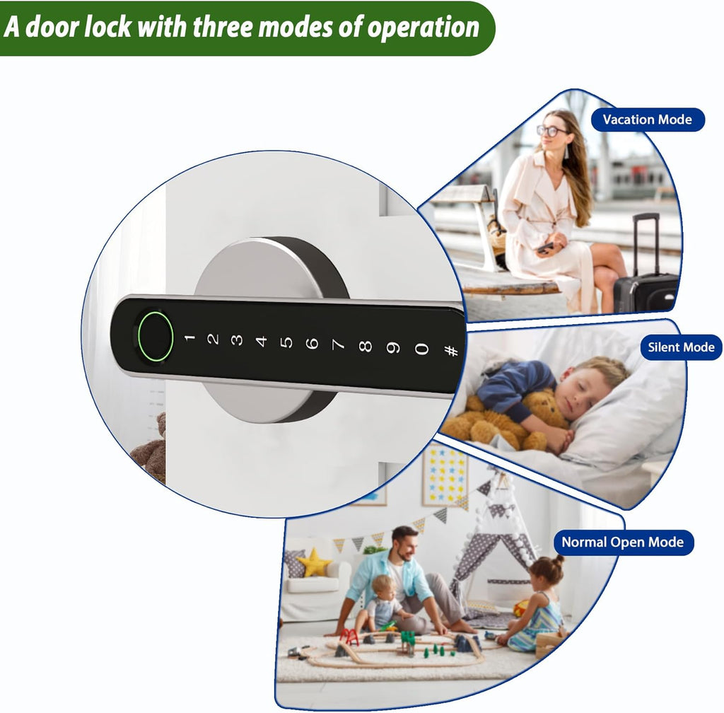 Smart Electronic Fingerprint Door Lock, Keyless Entry with Handle, Codes, APP, IC Cards, Fingerprints, Keys, for Home Bedroom Apartment (Silvery)