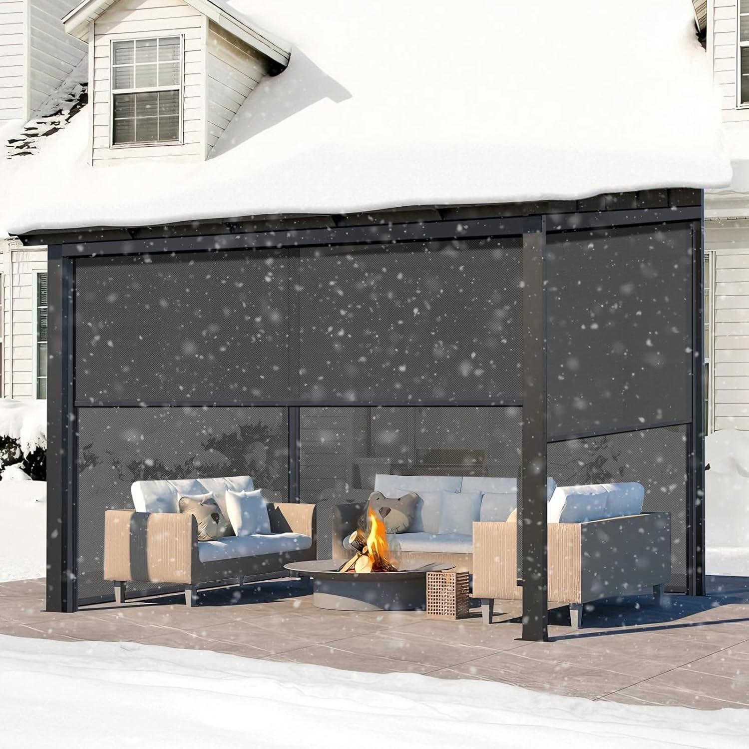 ZSHINE Hard-Wired Outdoor Snow Blocking Weatherproof Motorized Patio Roller Shades Remote Control for Porch Balcony Customized Size (White 5% Openness)