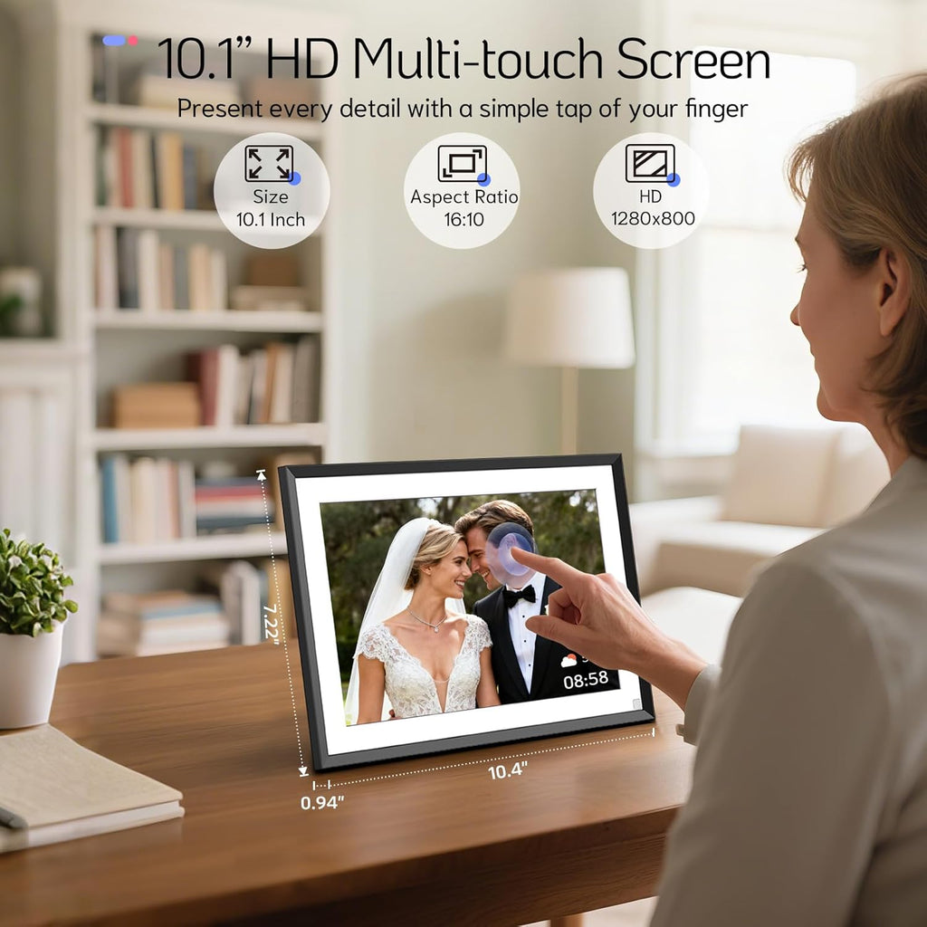 NexFoto 10.1” Digital Picture Frame 64GB, HD Touchscreen WiFi Electronic Photo Frame, Share Photos/Videos via APP/USB, Add Pics from Google Photos, Unboxing Gift Mode, for Christmas/Mom, Black