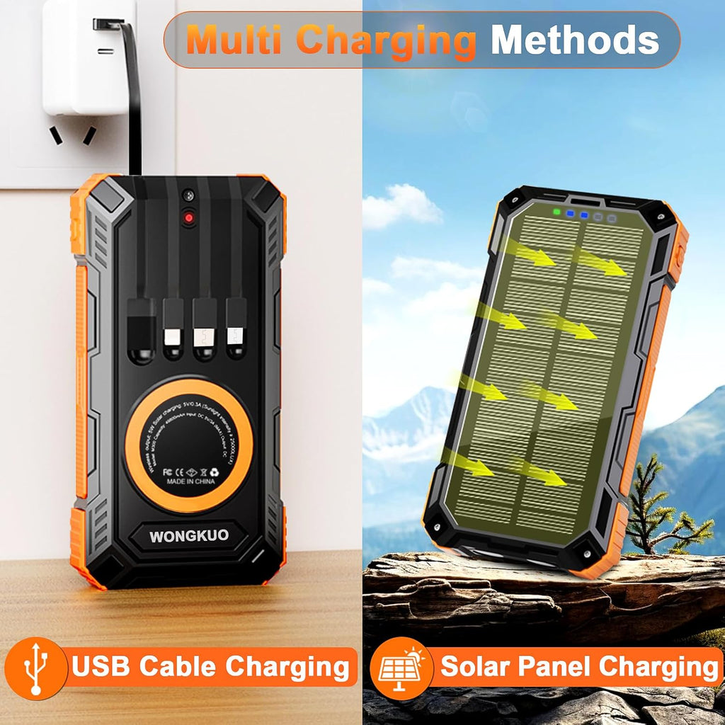 WONGKUO Solar Charger Power Bank - 49800mAh Solar Phone Charger with USB-C in/Output, QC 3.0 Fast Charging with LED Flashlight, Built-in 4 Cables, IP65 Waterproof Fits for Outdoor (Matte Orange)