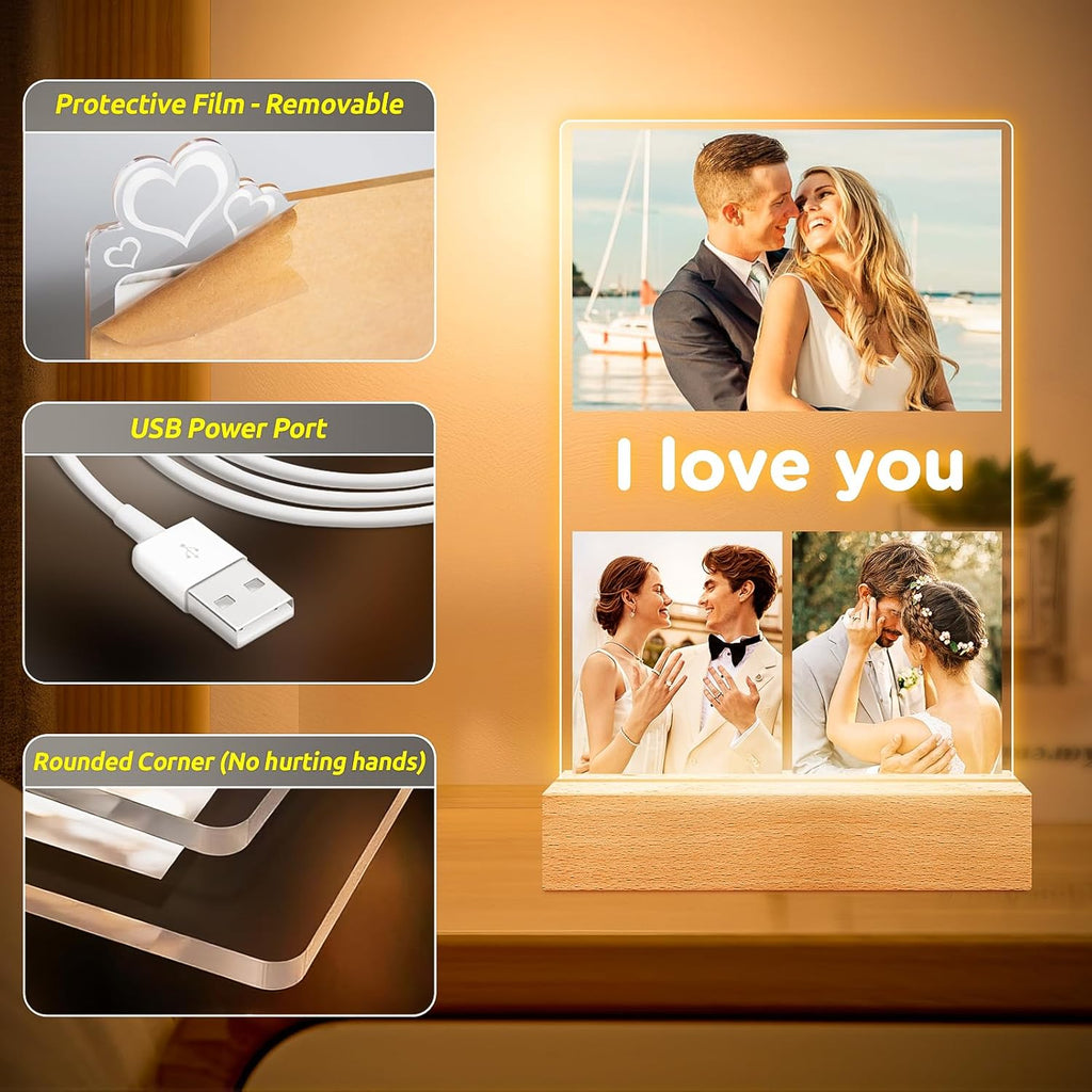 Custom Picture Frames with Photo, Personalized Photo Frame with Night Light, Customized Gifts for Girlfriend Boyfriend, Personalized Anniversary Valentines Day Gifts for Women Men Her Him Couple