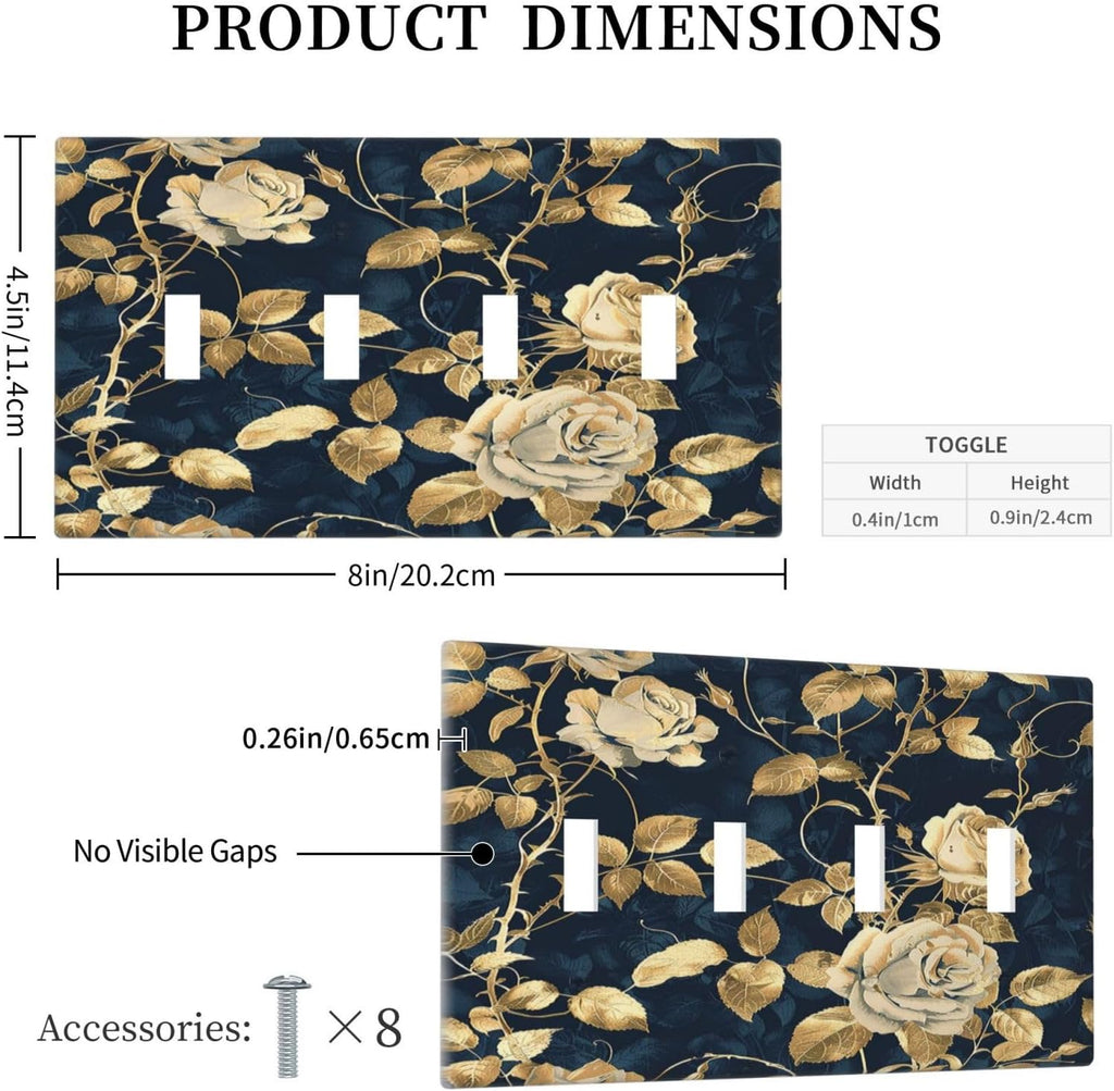 Light Switch Covers Boho Vintage Floral Golden Flower Dark Blue Background Quad Toggle Electrical Faceplate 4 Gang Wall Plate Decorative Switch Plates for Bedroom living Room Decor