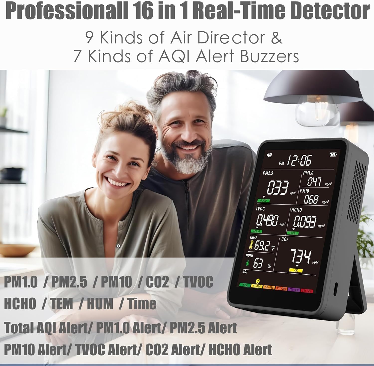 Professional Indoor Air Quality Monitor with AQI Beep Alarms, Portable Real-Time Detector for Home Cars Plants and Pets (Black)