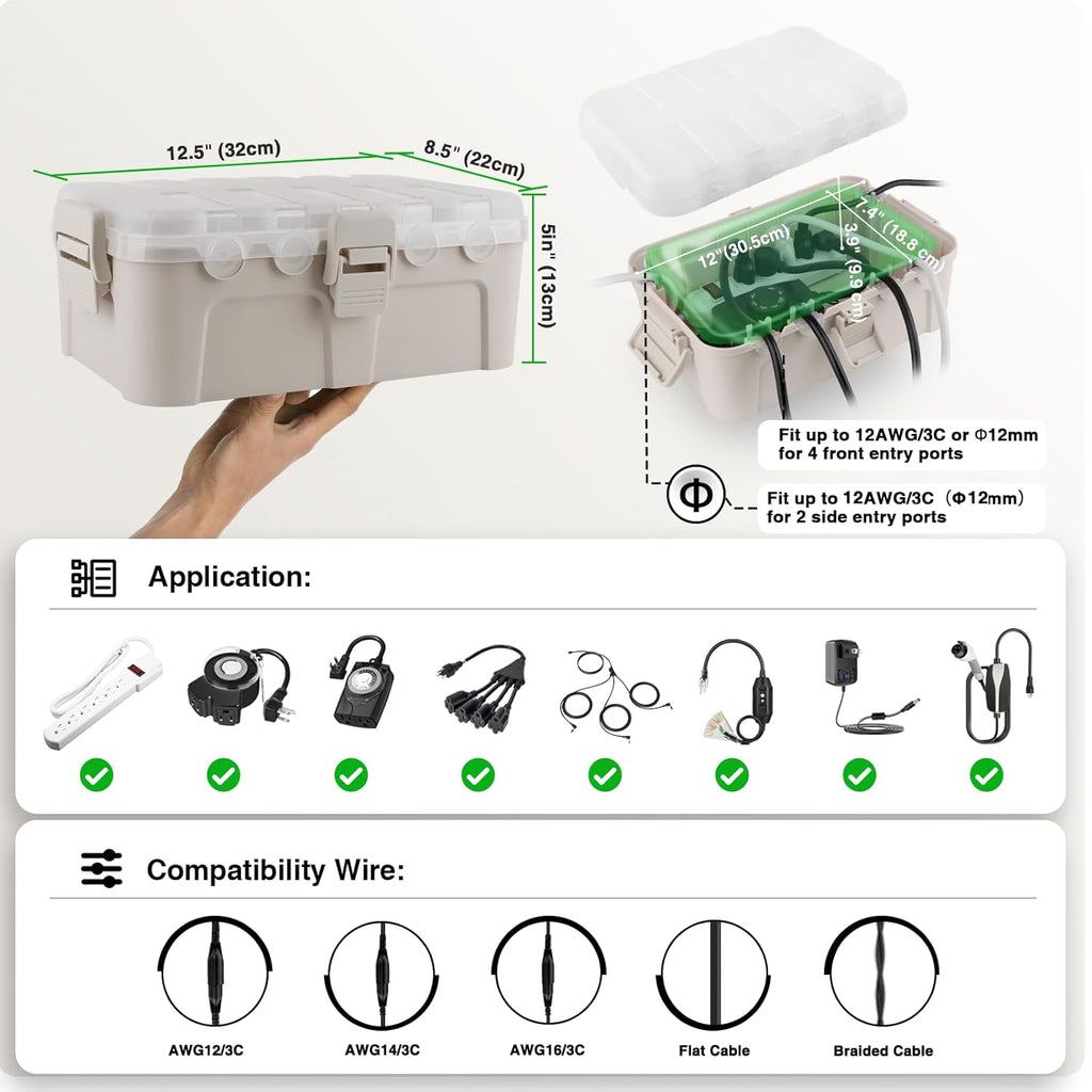 Flemoon Outdoor Electrical Box with Transparent Lid, IP54 Waterproof Electrical Box Outdoor, Large Weatherproof Extension Cord Cover with Clear Cover for Photocell Light Sensor Timer, Outlet, Almond
