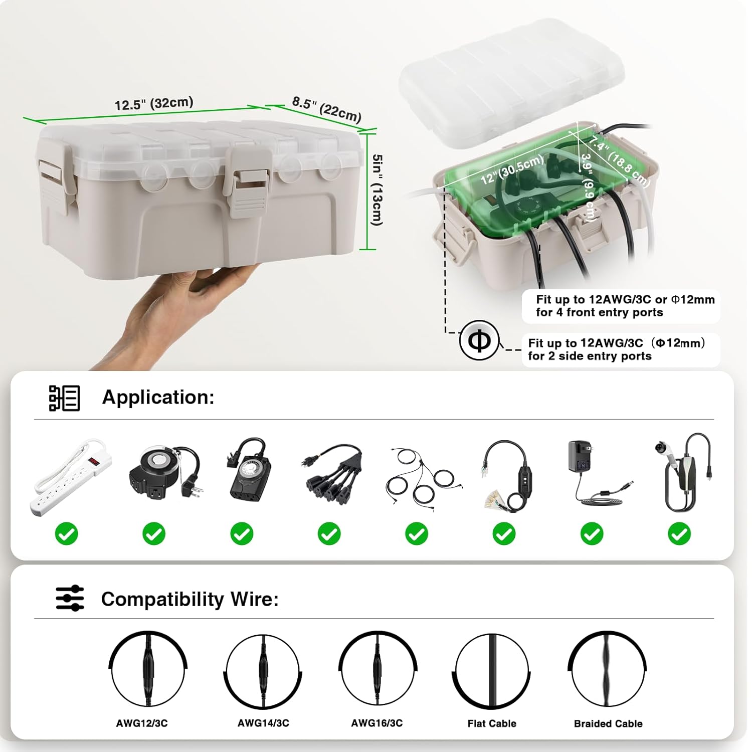 Flemoon Outdoor Electrical Box with Transparent Lid, IP54 Waterproof Electrical Box Outdoor, Large Weatherproof Extension Cord Cover with Clear Cover for Photocell Light Sensor Timer, Outlet, Almond
