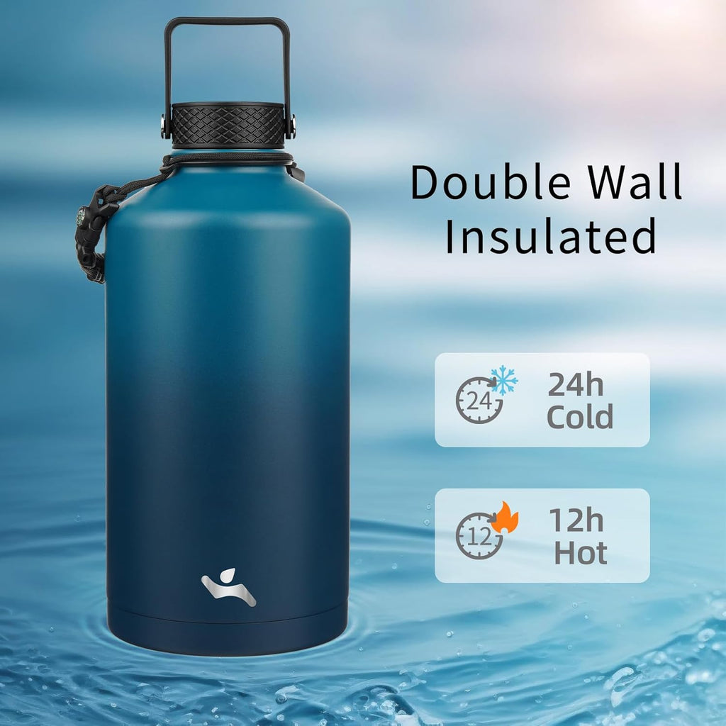 Gallon Insulated Water Bottle with Straw,128 oz 3 Lids Water Jug with Carrying Bag,Paracord Handle, Double Wall Vacuum Stainless Steel Metal Flask,Indigo Black