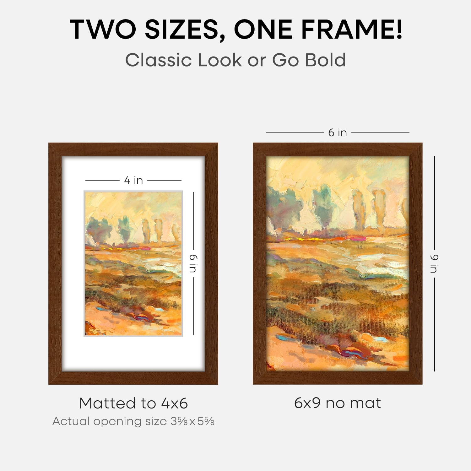 Homeforia 6x9 Picture Frame Brown Wood, High End Dark Oak 6x9 Walnut Wooden Frames with Mat 4x6 Photo, 6 x 9 Frame Matted to 4 x 6 Print, 9x6 Wall or Tabletop Frame, Tempered Glass, Wall Kit, Set of 1
