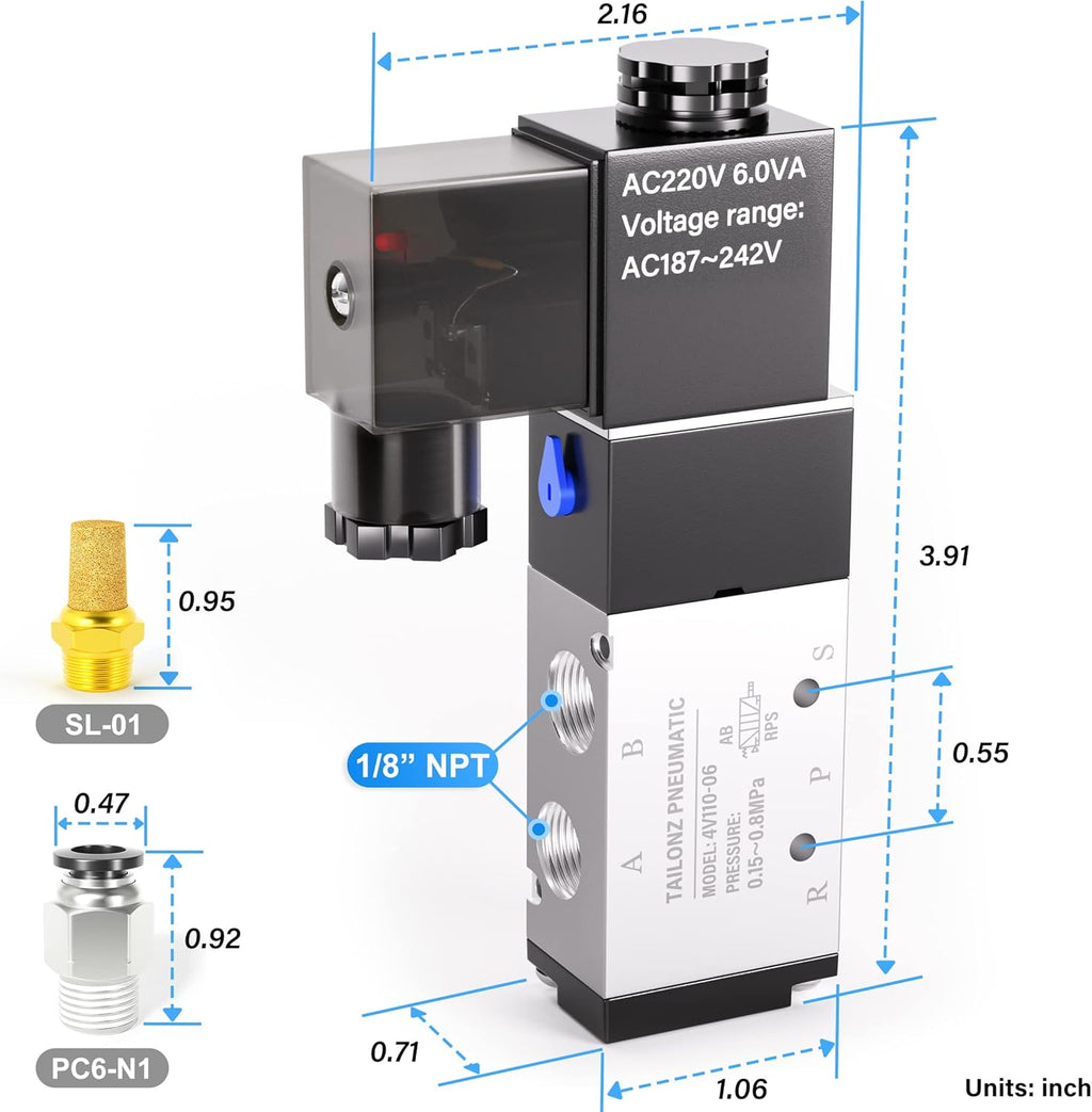 TAILONZ PNEUMATIC 1/8"NPT Solenoid Valve 4V110-06 AC220V Single Coil Pilot-Operated Electric 2 Position 5 Way Connection Type Junction Box