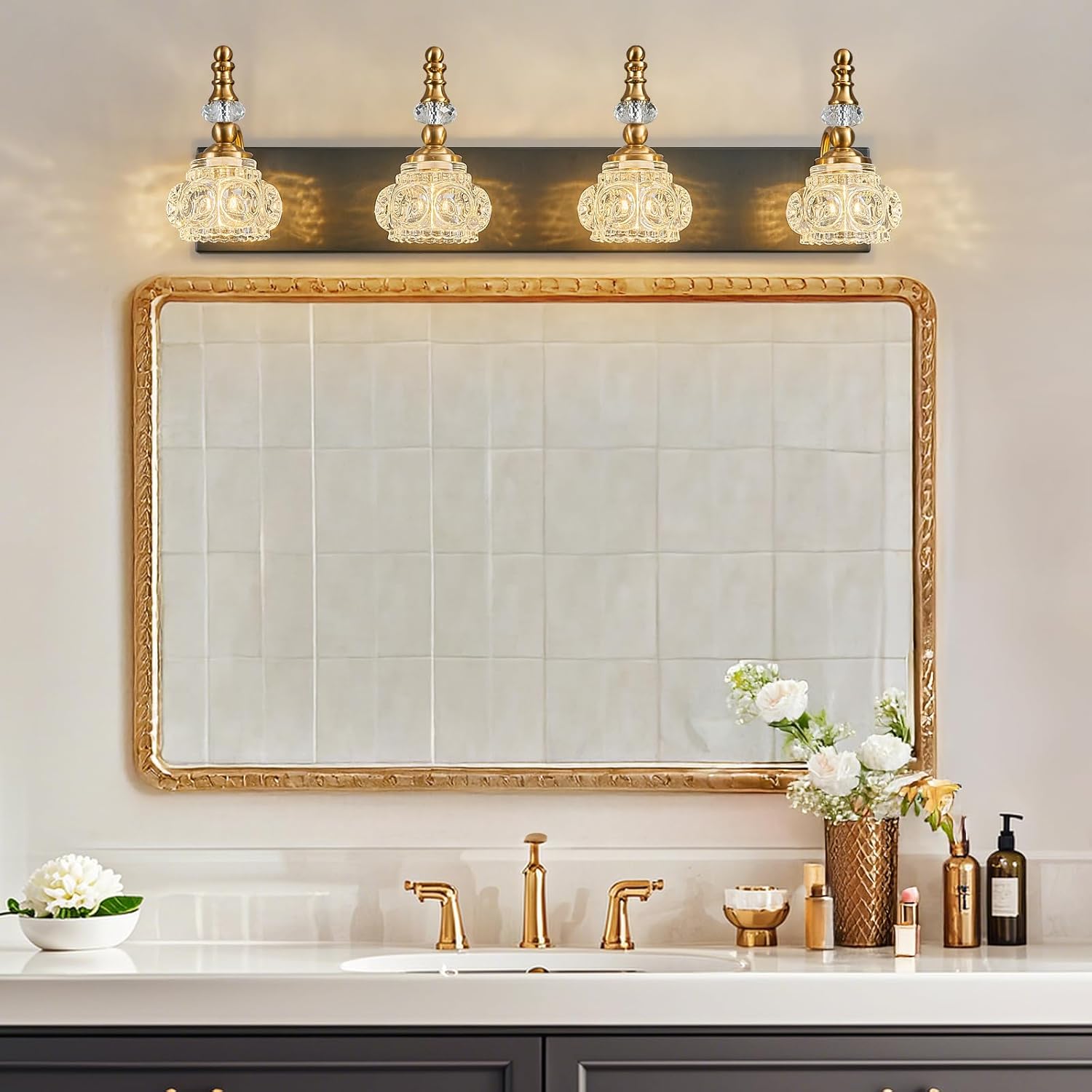Bathroom Light Fixtures, Modern Glass Crystal Bathroom Vanity Light Vintage Bathroom Lighting Fixtures Over Mirror 4 Light Vanity Lights G9 Bulb (27.55 Inch, Black Gold)