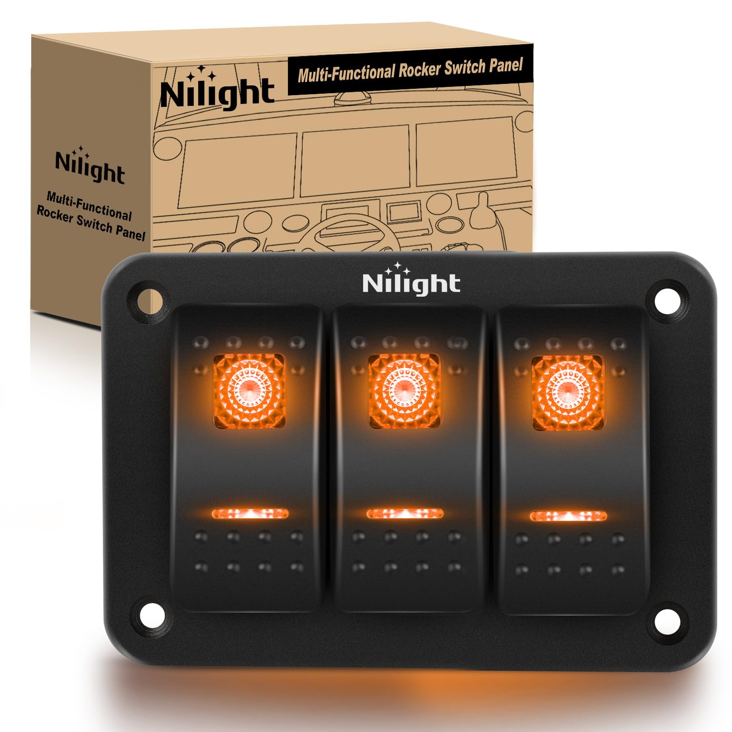 Nilight 3 Gang Rocker Switch Panel with Orange LED Light 5 Pin On Off Pre-Wired Aluminum Toggle Switches Waterproof for 12V/24V Cars Marine Boats ATVs Trailers RV Trucks