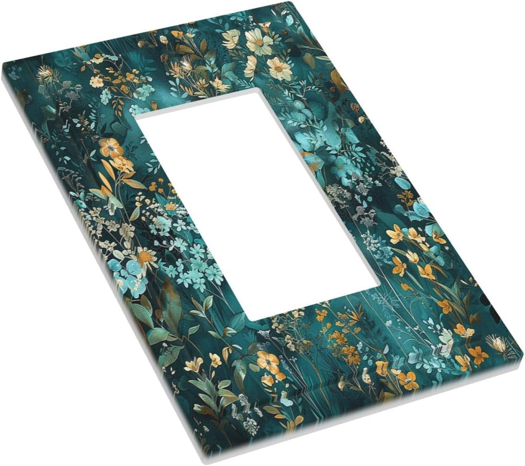 Decorative Outlet Covers Green Leaf Floral Boho Golden Flower Plant 1 Gang Single Rocker Light Switch Cover Plate Wall Plates Gfci Faceplate For Bed Room Cabin Decor