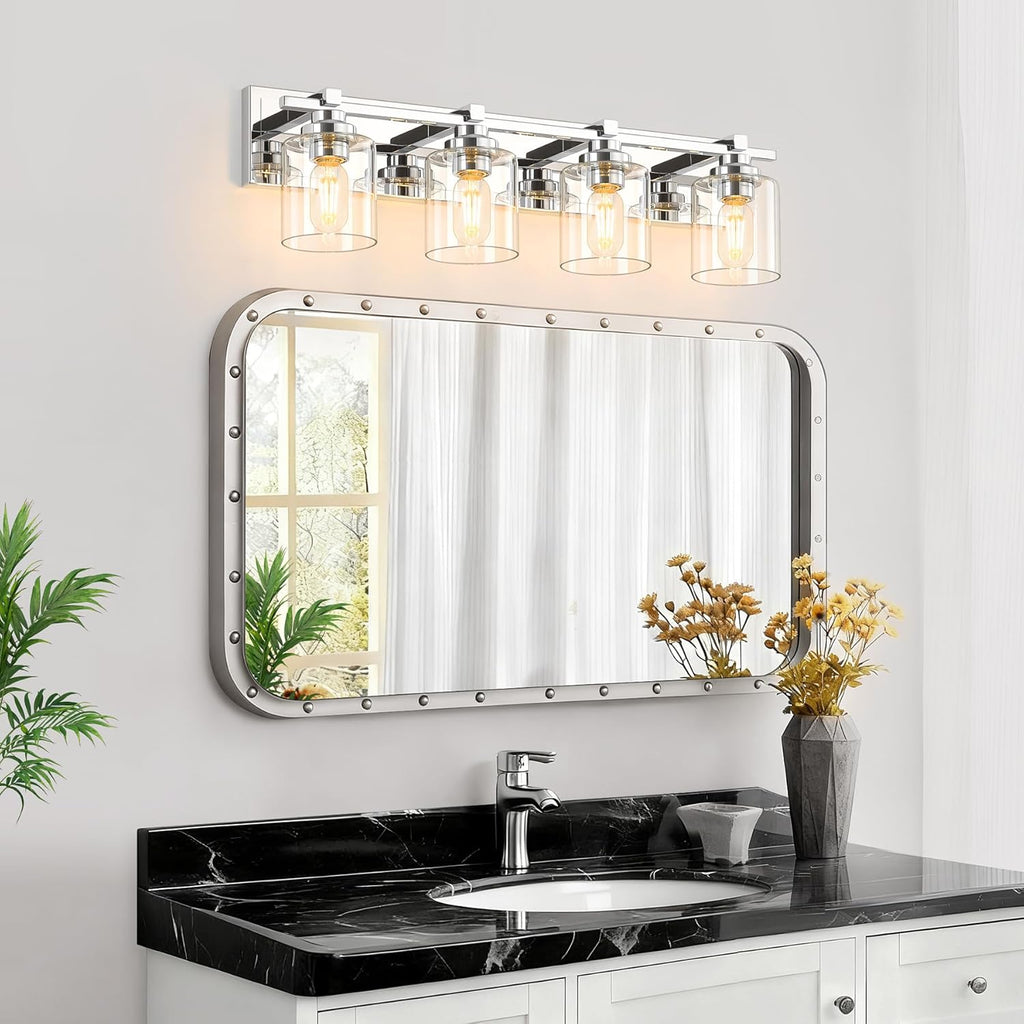 4 Light Modern Bathroom Light Fixtures Over Mirror, Chrome Vanity Lights for Bathroom Wall Sconces with Clear Glass Shades, E26 Socket (Bulbs Not Included)