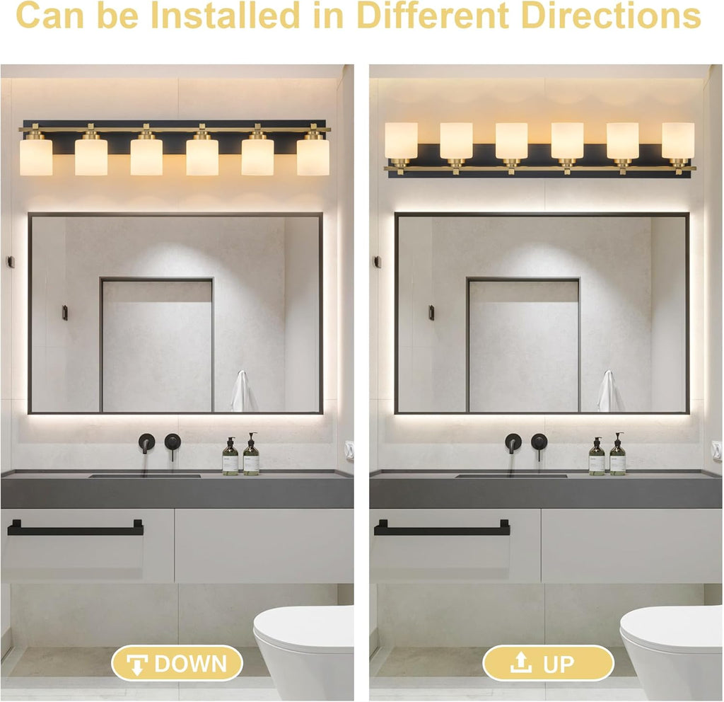 6 Light Modern Bathroom Light Fixtures Over Mirror, Black Gold Vanity Lights for Bathroom Wall Sconces with Milky White Glass Shades, E26 Socket (Bulbs Not Included)