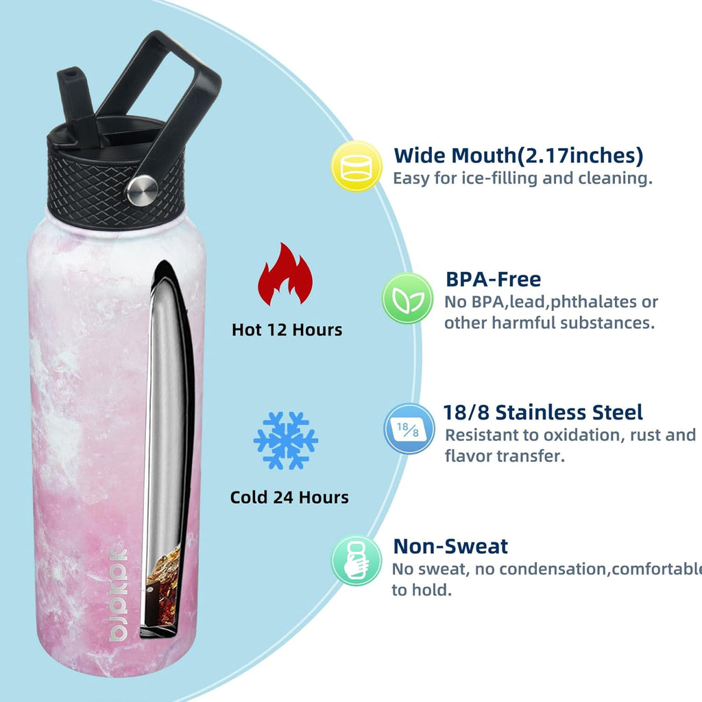 BJPKPK 2 Pack Insulated Water Bottles with Straw Lids, 40oz Stainless Steel Metal Water Bottle with 6 Lids, Leak Proof BPA Free Jugs, Cups, Flasks for Travel, Sports (Blossom+Ocean)