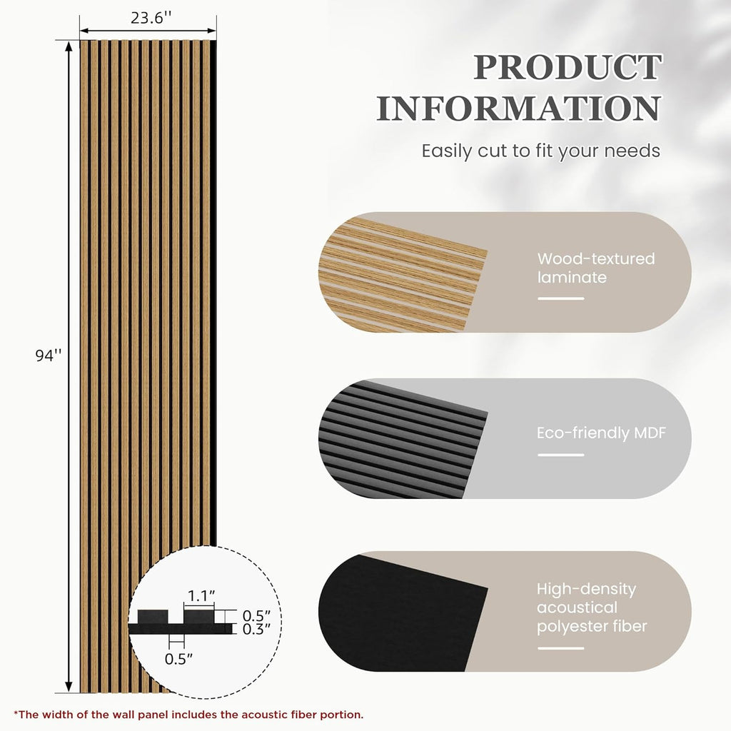 Wood Salt Acoustic Wall Panels, 2 Piece 94" x 23.6" x 0.8" Soundproof Wooden Wall Panels, 3D Fluted Sound Absorbing Panel, Teak
