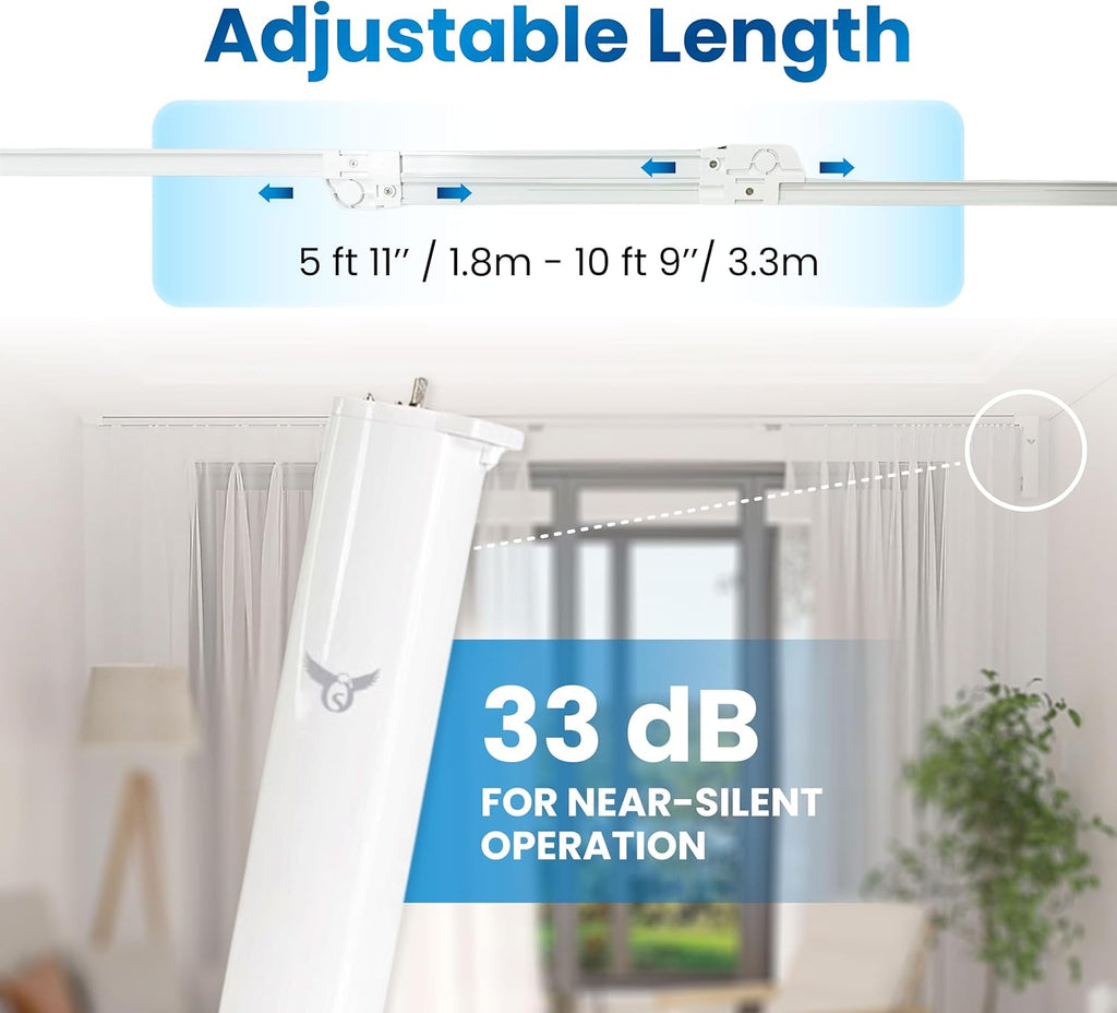 Osprey Smart Curtain Track, Single-Piece Motorized Rod, Adjustable Length, Quiet Heavy-Duty Motor, Remote & App Control, Compatible with Alexa & Google Assistant, Ceiling or Wall Mounted