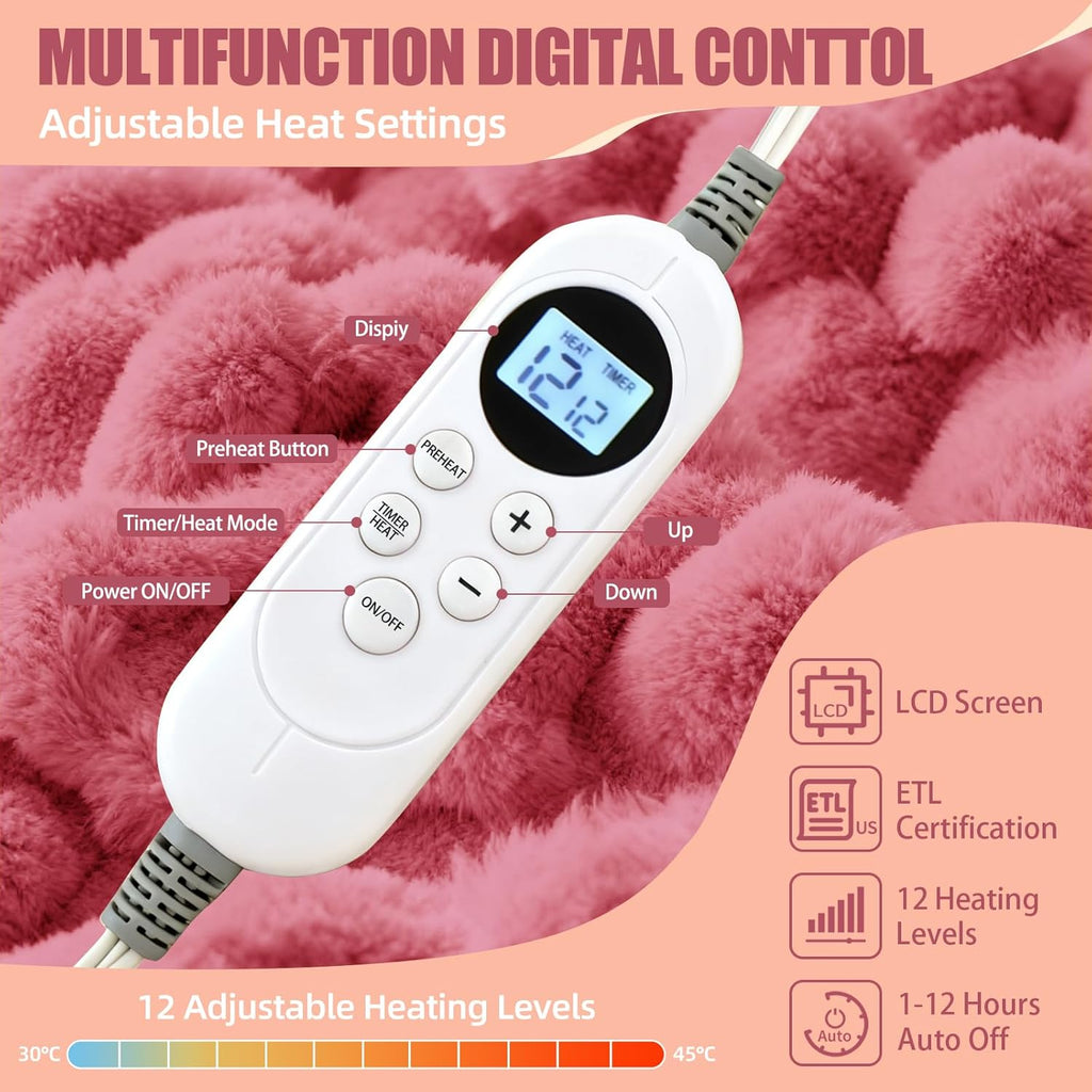 Electric Blanket 50" x 60" Soft Ribbed Faux Fur Flannel Quick Heat 12 Heat Levels 1-12 Hour Timer & Overheat Protection & Auto Shut Off & ETL FCC (Blush Pink, Throw 50" x 60")