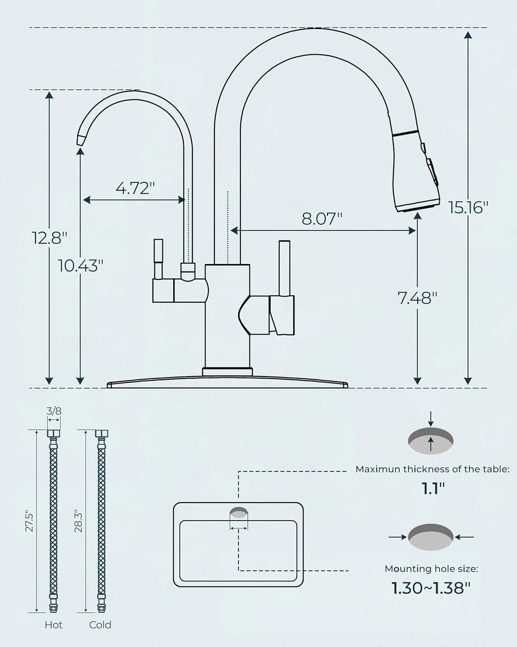 FORIOUS Black Kitchen Faucets with Water Filter, 2 in 1 Stainless Steel Pull Down Sink Faucet and Purfied Water Faucet High Arc Single Handle with Detachable Deck for 1 or 3 Hole