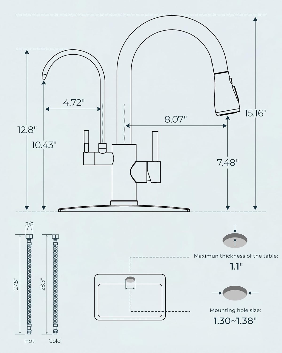 FORIOUS Black Kitchen Faucets with Water Filter, 2 in 1 Stainless Steel Pull Down Sink Faucet and Purfied Water Faucet High Arc Single Handle with Detachable Deck for 1 or 3 Hole