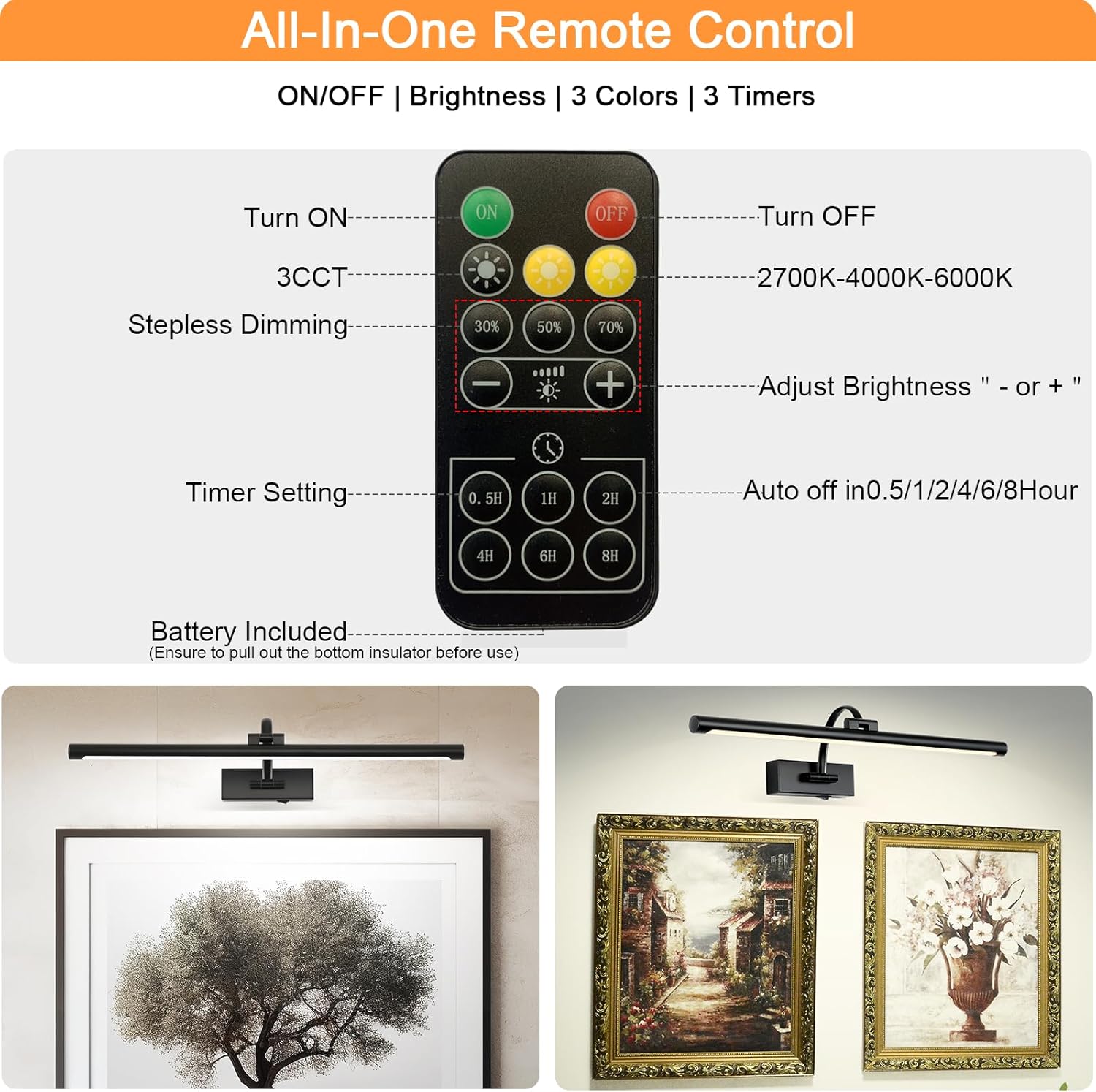 Picture Light Battery Operated with Remote, 3CCT Dimmable Picture Light for Paintings, Black Rechargeable 24 inch Battery Operated Wall Sconce for Art Lighting Gallery Portrait Artwork