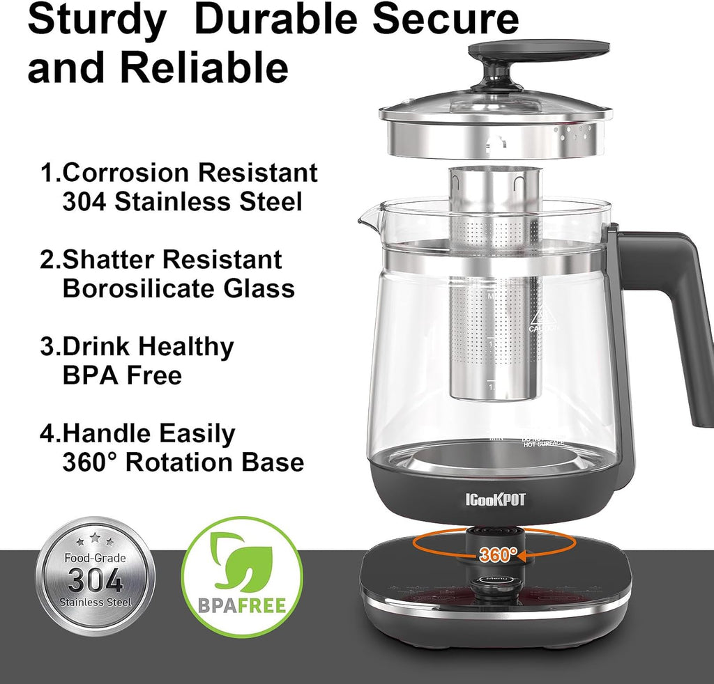 Glass Electric Kettle with Tea Infuser – 1.5L Stainless Steel, 1200W Rapid Boil, Temp & Programmable Control for Teas/Coffee – Black