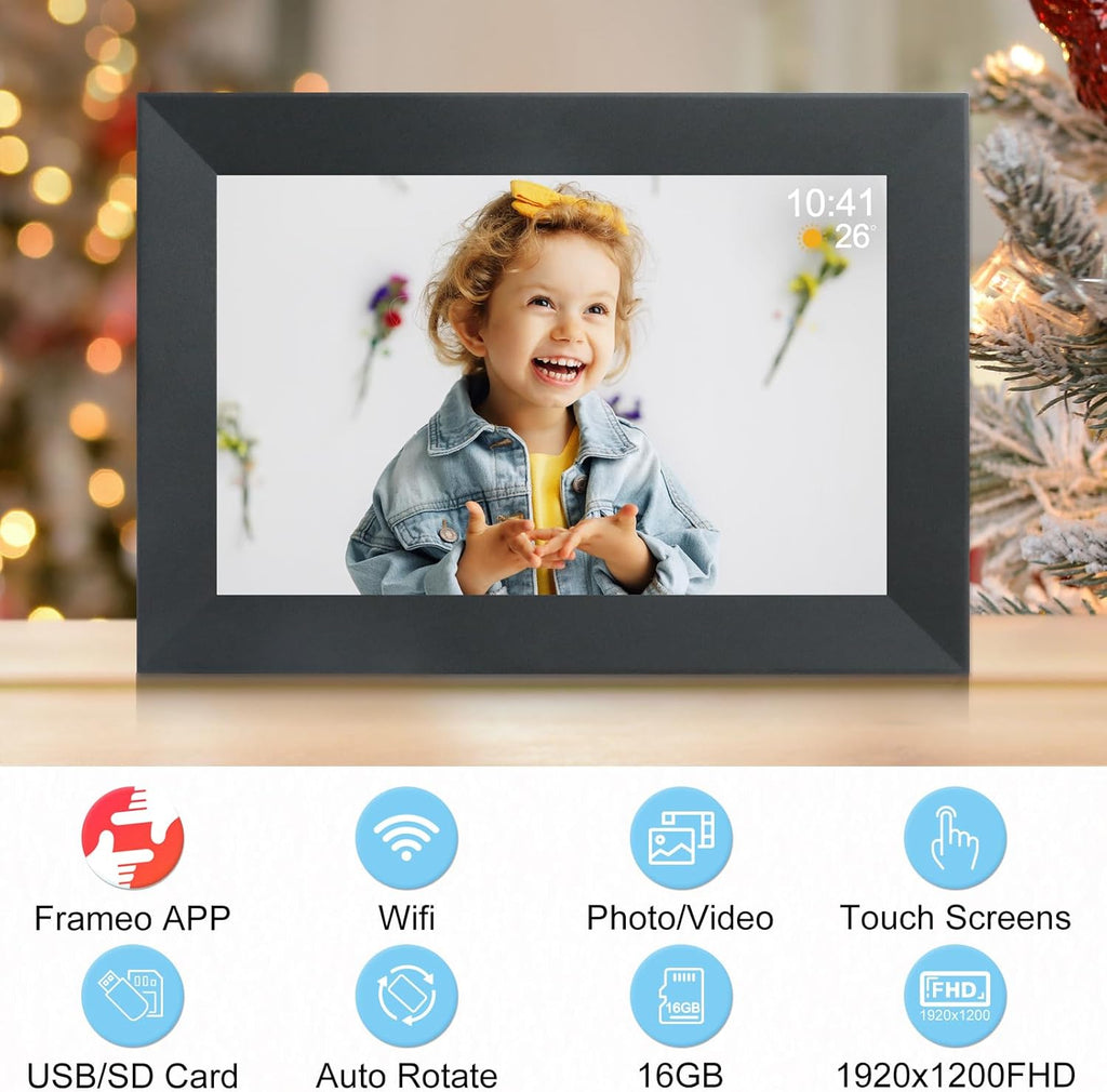 Frameo 10.1 Inch Smart WiFi Digital Photo Frame,Digital Picture Frame with 16GB Storage & SD Slot, Electronic Picture Frame IPS Touch Screen with Auto-Rotate, Frameo Digital Frame WiFi