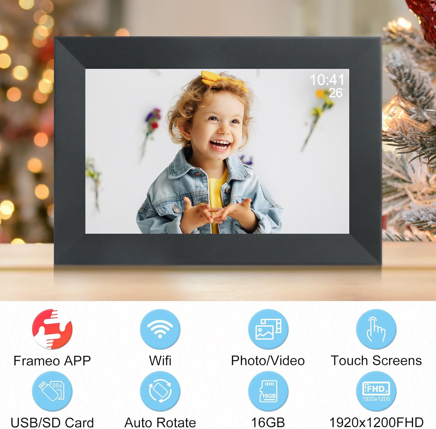 Frameo 10.1 Inch Smart WiFi Digital Photo Frame,Digital Picture Frame with 16GB Storage & SD Slot, Electronic Picture Frame IPS Touch Screen with Auto-Rotate, Frameo Digital Frame WiFi