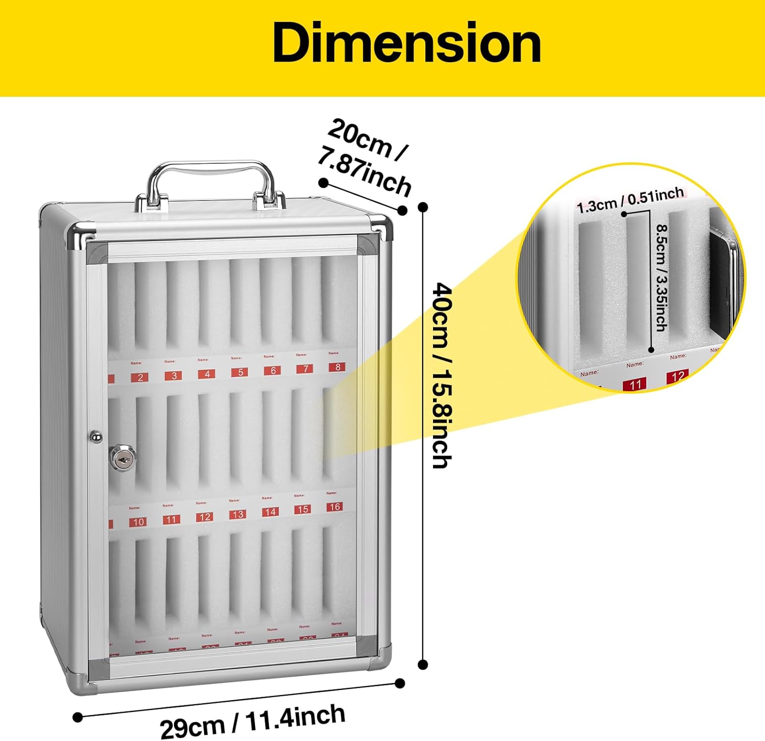 24-Slot Cell Phone Locker - Storage Cabinet for Classroom, Wall Mount Organizer With Key, Aluminum Pocket Chart for Offices, Schools and Factories