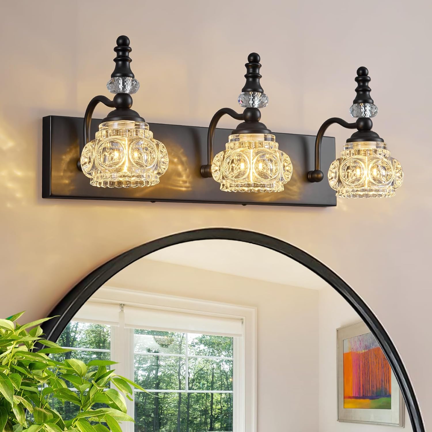 Modern Crystal Bathroom Vanity Light Black Vintage Bathroom Light Fixtures 3-Lights Glass Crystal Vanity Lights