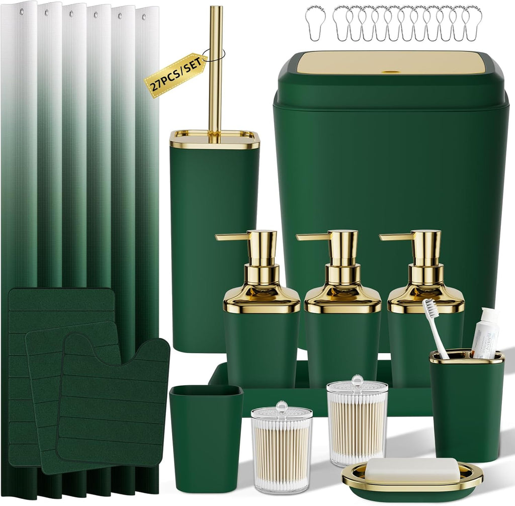 Bathroom Sets with Shower Curtain and Rugs, 27PC Bathroom Accessory Set, Green Bathroom Set, Green and Gold Bathroom Accessories Set with Trash Can, Toilet Brush and Soap Dispensers