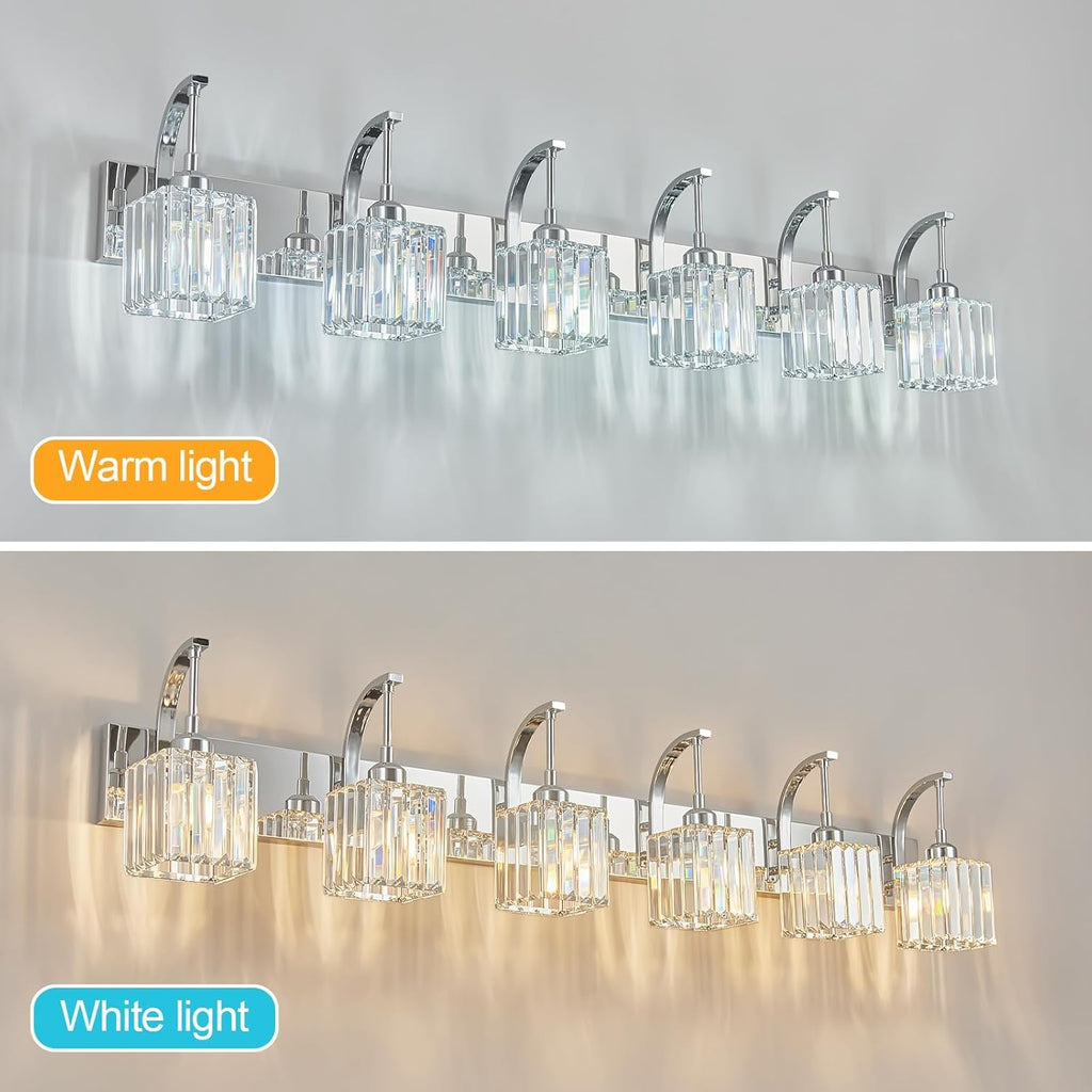 Crystal Vanity Lights 6-Light Chrome Bathroom Vanity Lights Modern Crystal Bathroom Light Fixtures Over Mirror 51.18" Long Vanity Light for Bathroom
