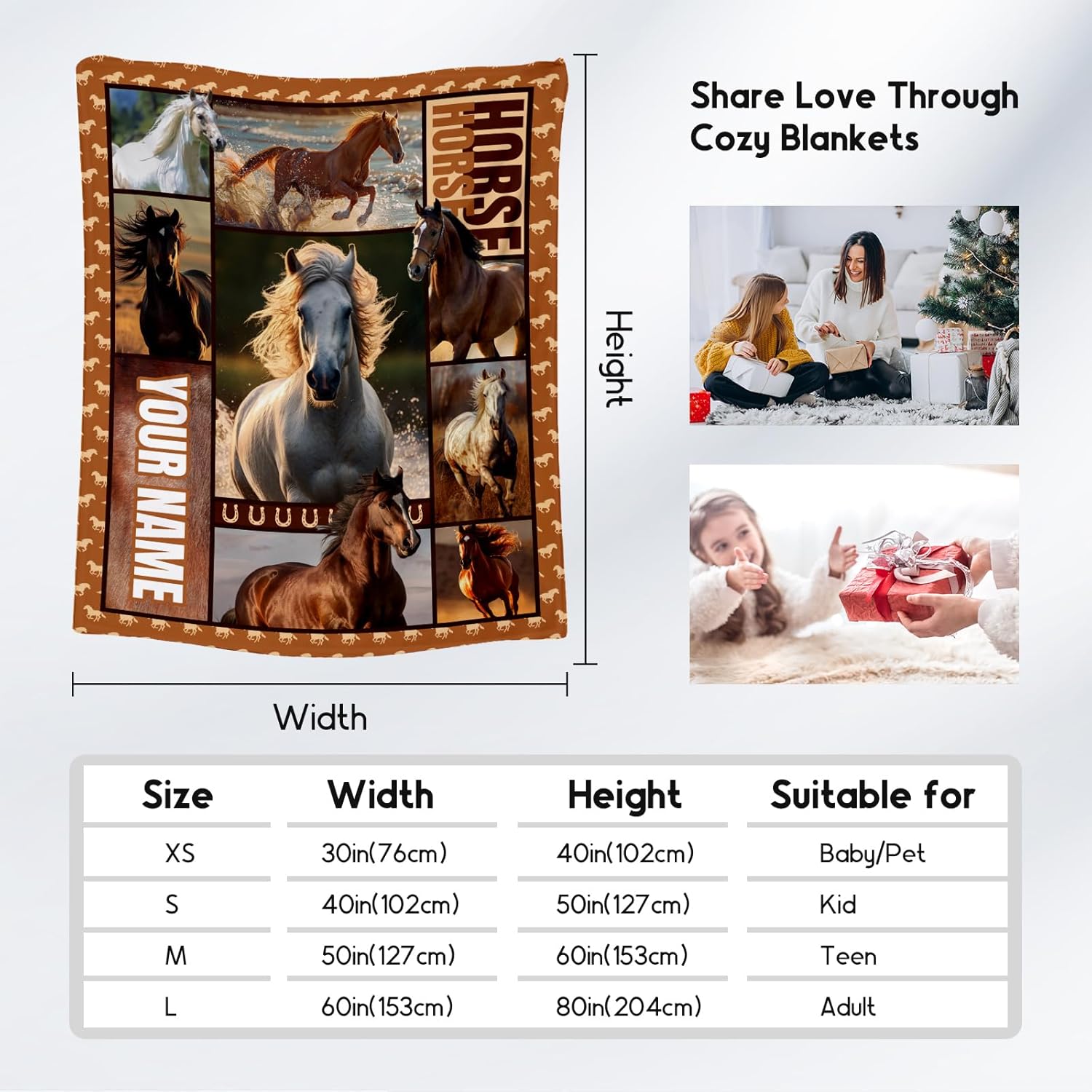 Custom Girls Blanket, Personalized Horse Gifts for Girl Ages 8-12 10-12, 50"x60" Kids Throw Blankets for Adults Women, Cowgirl Room Decor Western Throws for Animal Lovers