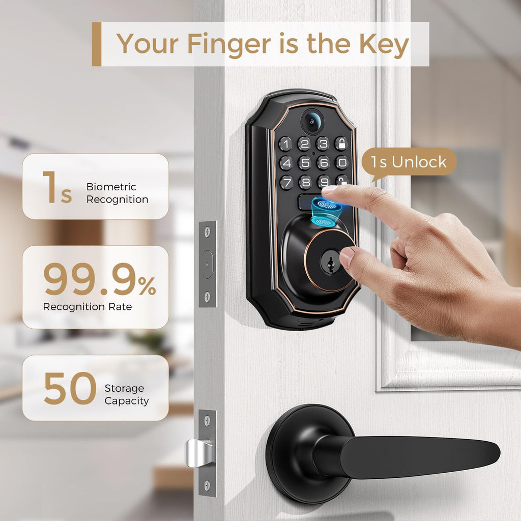 WiFi Video Smart Lock with Camera & Doorbell - 5-in-1 Keyless Entry, Fingerprint, Keypad, App Control, Two-Way Audio, Auto Lock, Waterproof, Easy Installation