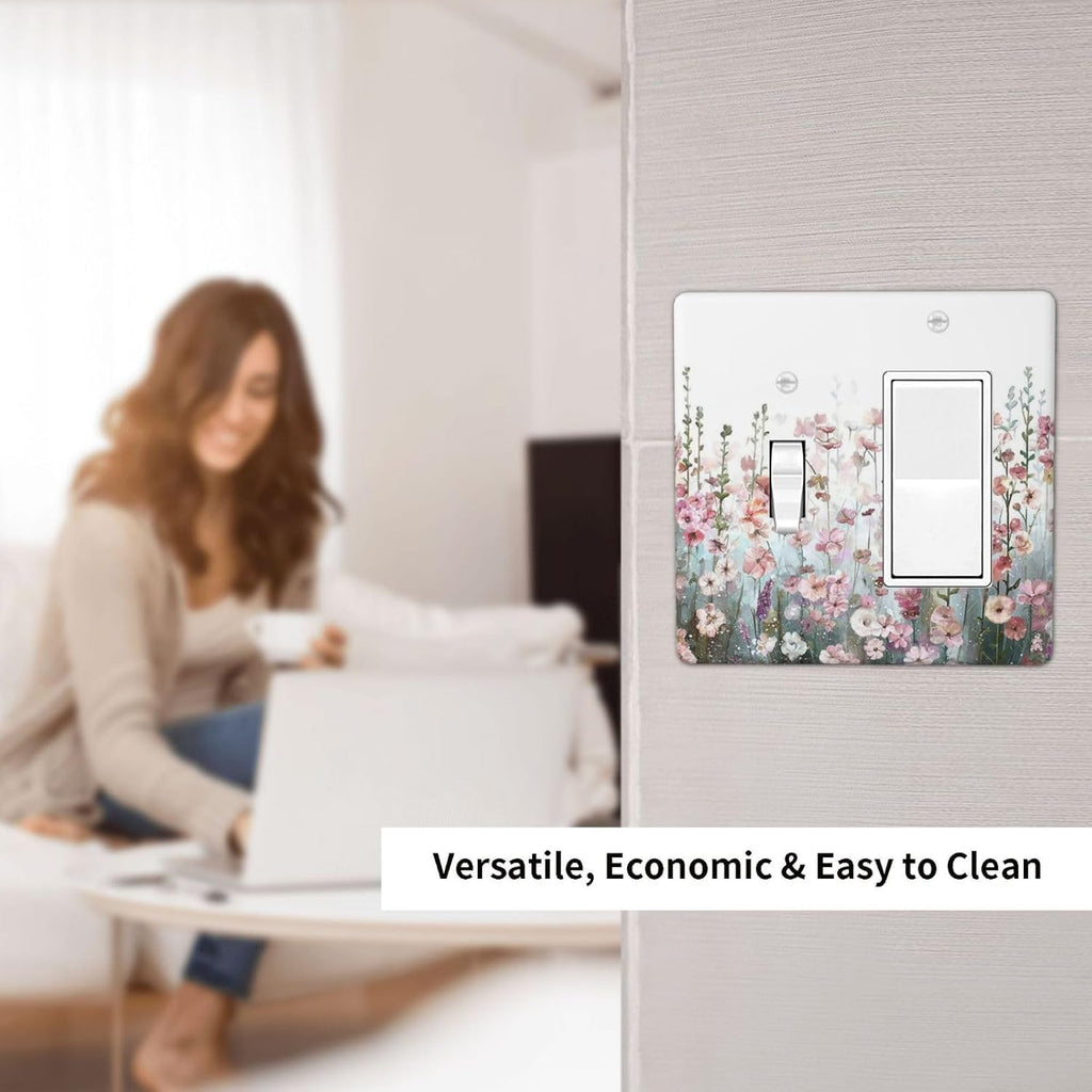 Colorful Flowers Pink Floral Watercolor Plant Outlet Covers 1 Toggle 1 Rocker Combination Decorative Wall Plate Electrical Switch Plates Light Switch Cover Plate for Bed Room Living Room Decor