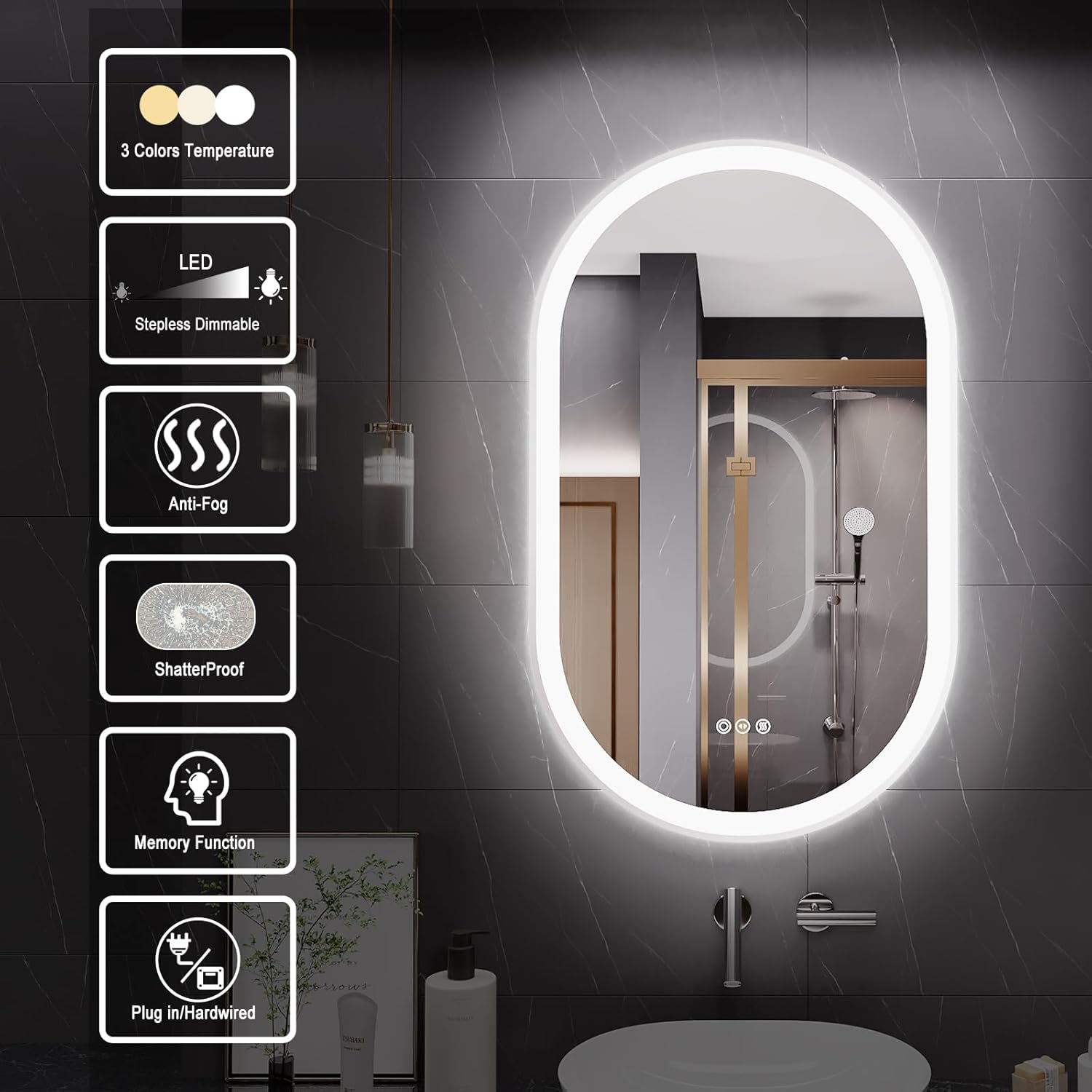 LED Mirror for Bathroom, 24x40 Inch Vanity Mirror with Lights，Anti-Fog Oval Bathroom Mirror, 3 Colors and Stepless Dimmable Wall Mounted Makeup Mirror with Metal Frame (Silver)