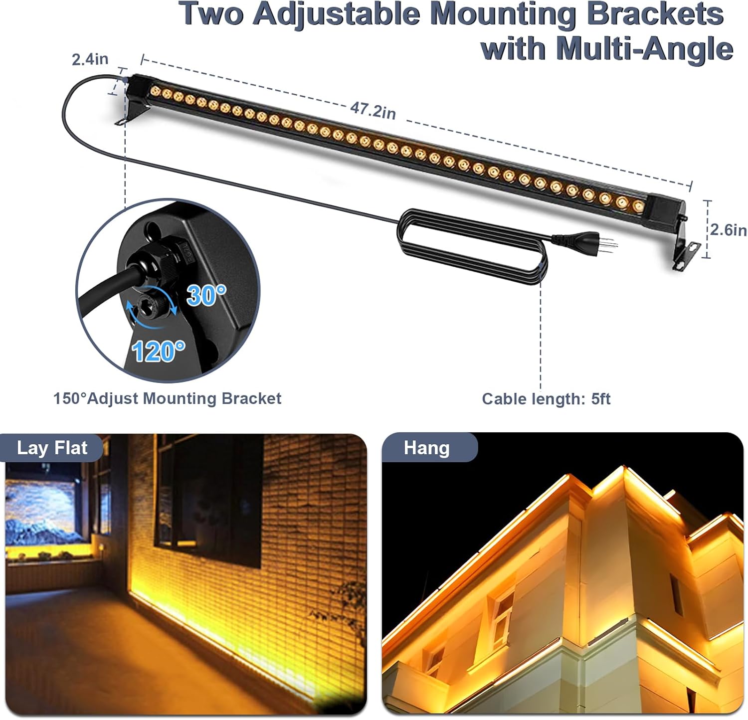 72W Outdoor Wall Washer Light, 4FT 2700K Warm White LED Wall Washer Lights, 120V IP67 Waterproof LED Light Bar for Outdoor, Plug-in (2 Pack)