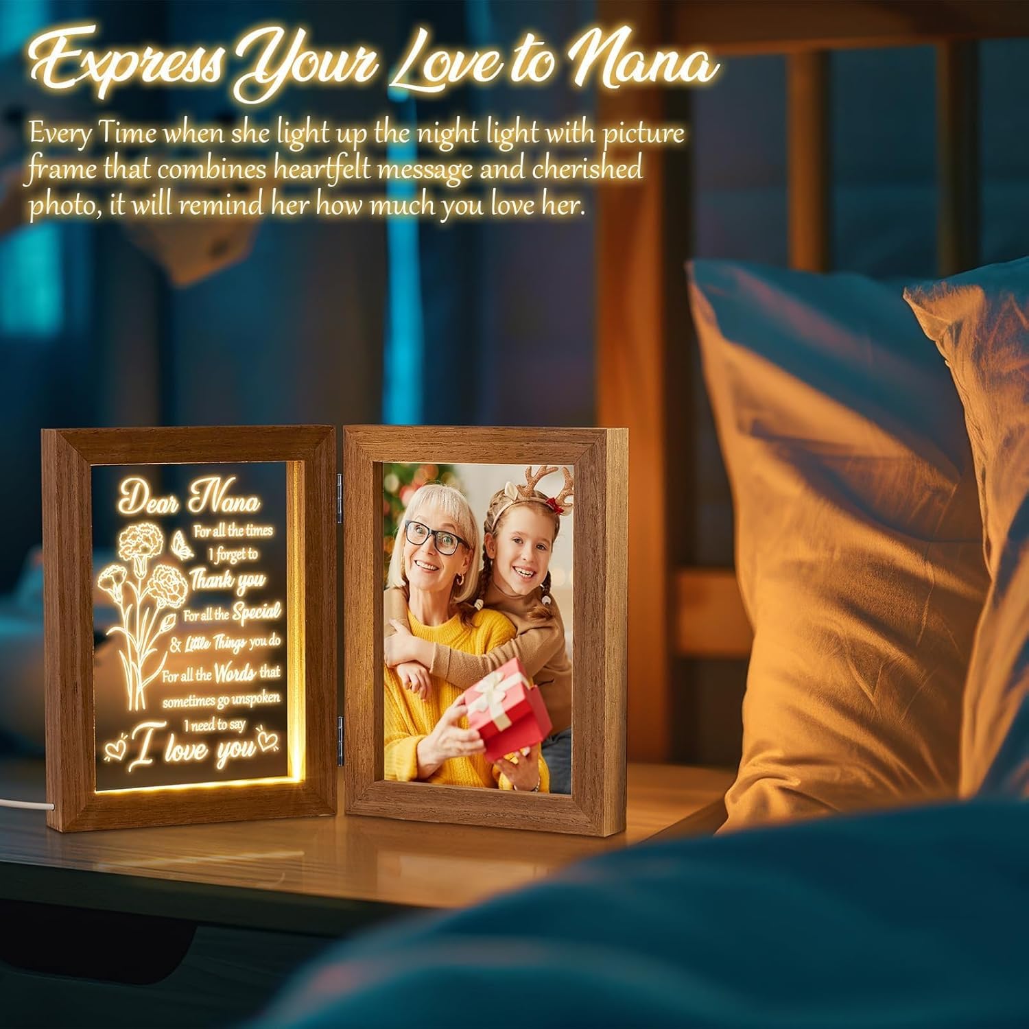 Christmas Grandma Gifts from Grandkids Granddaughter Grandson, Engraved Night Light with Nana Picture Frame 5x7, Nana Gifts Personalized Gift for Grandma Mimi Gigi Granny Grandmother Birthday Gift