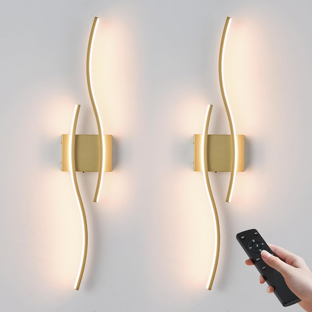 Battery Operated Wall Sconces Set of Two with Remote Control, Dimmable/3 Colors/Night-Light/Timer/Memory, Gold Modern Wireless LED Sconce for Living Room, Hallway, Bedroom, 31.4 Inch (2 Pack)