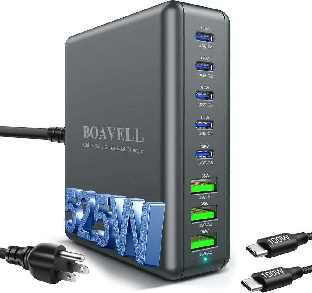 USB C Charger Block, 525W 8-Port GaN Fast Charging Station Hub with 100W Cable, Dual PD 100W Multi-Device USB C Wall Charger Adapter for iPhone 17 16 15, MacBook, Laptop, iPad, Samsung Galaxy and More