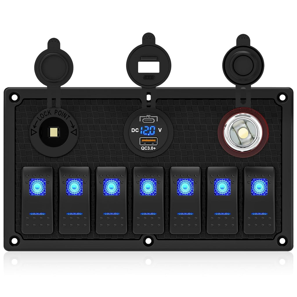 Marine Boat Rocker Switch Panel,Waterproof 7 Gang Toggle Switch Panel with Dual USB and Voltmeter Panel for RVs, Cars, Boats, Trucks,Trailers - 12-24V