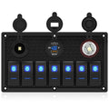 Marine Boat Rocker Switch Panel,Waterproof 7 Gang Toggle Switch Panel with Dual USB and Voltmeter Panel for RVs, Cars, Boats, Trucks,Trailers - 12-24V