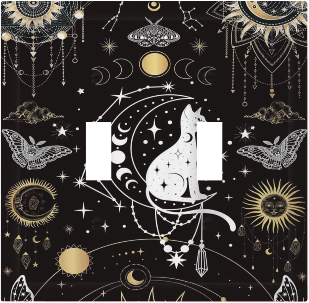 White Cat Tarot Moon Phases Moth Celestial Gothic Decorative Switch Plates 2 Gang Double Toggle Outlet Light Switch Cover Wall Plate Electrical Faceplate for Kids Room Bedroom Decor