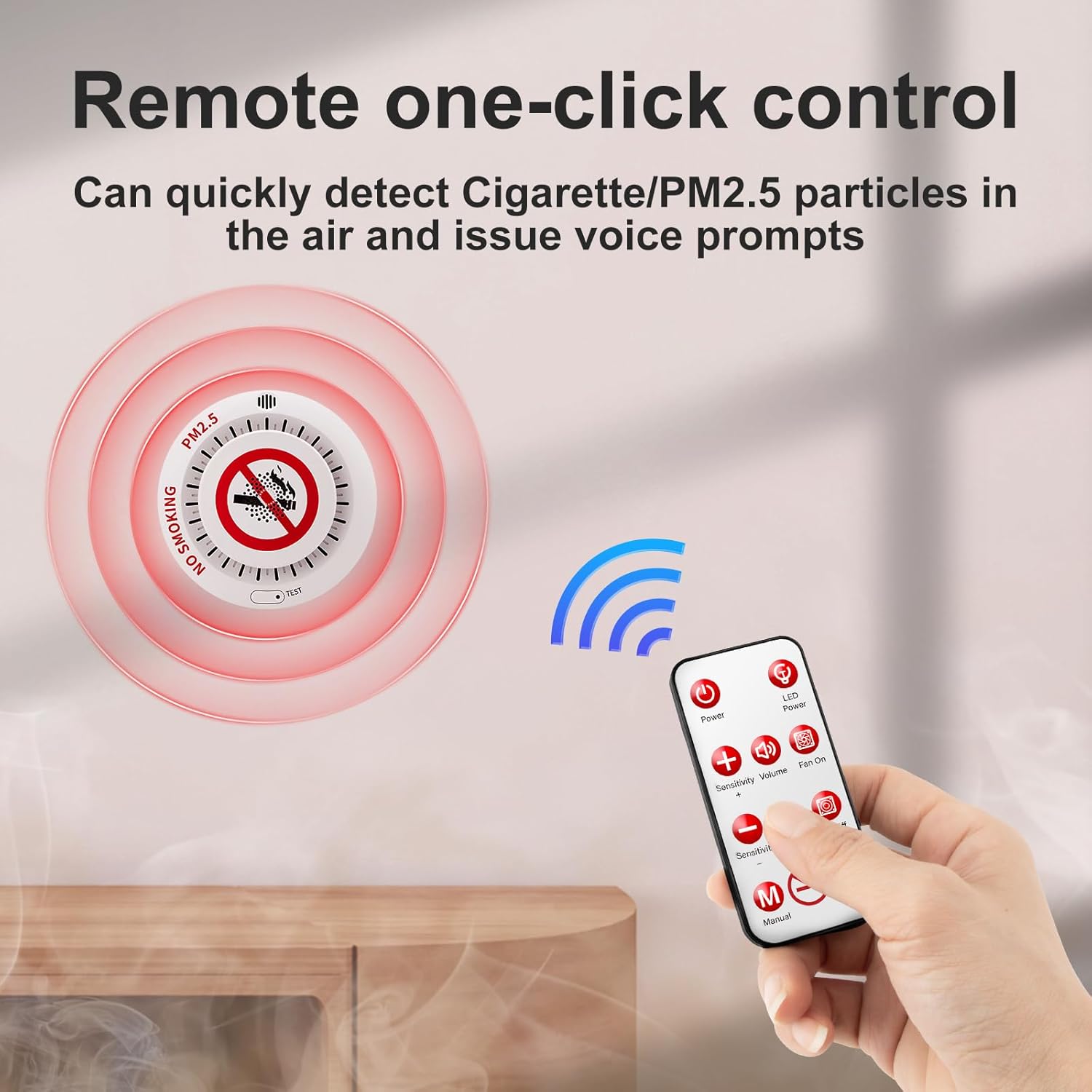 2in1 Cigarette Detector with 10 Level Sensitivity, Infrared Remote Control, PM2.5 Indoor Air Quality Monitor, Ceiling Mounted Smoke Detection for Offices, Restaurants, Hospitals, Schools, Apartments
