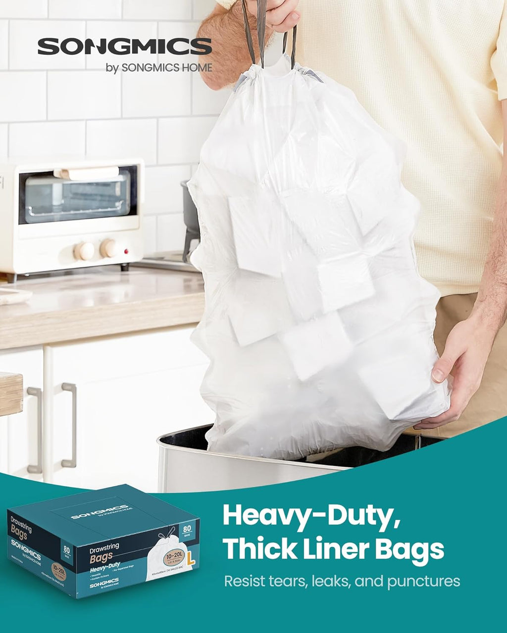 SONGMICS Trash Bags for 5.3 Gallon (20 L) Trash Cans, Drawstring Kitchen Garbage Bags, Pre-Separated, Quick-Dispense Box, Liner Code L, 2 Rolls, 80 Count, White UKRB021A02